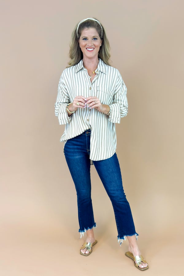 Java Jive Khaki Stripe Button Down Top