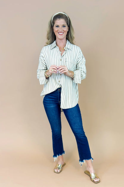 Java Jive Khaki Stripe Button Down Top