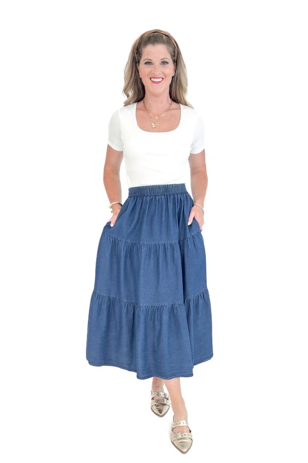 Daily Grind Denim Tiered Skirt by Entro
