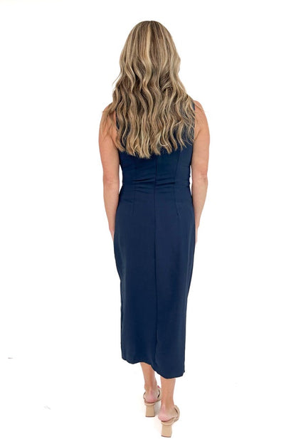 Good To The Last Drop Navy Pleat Detail With Gold Accent Midi Dress by Entro