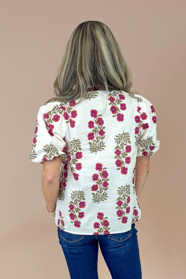 Little By Little Ecru Floral Print With Burgundy Lined Top by Entro