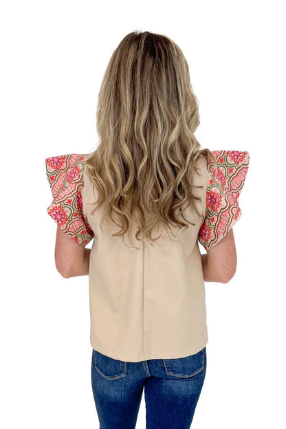 Grounds For Celebration Beige Faux Leather With Embroidered Sleeve Top by THML