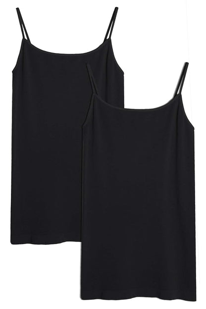 Two black slip tank tops on a white background