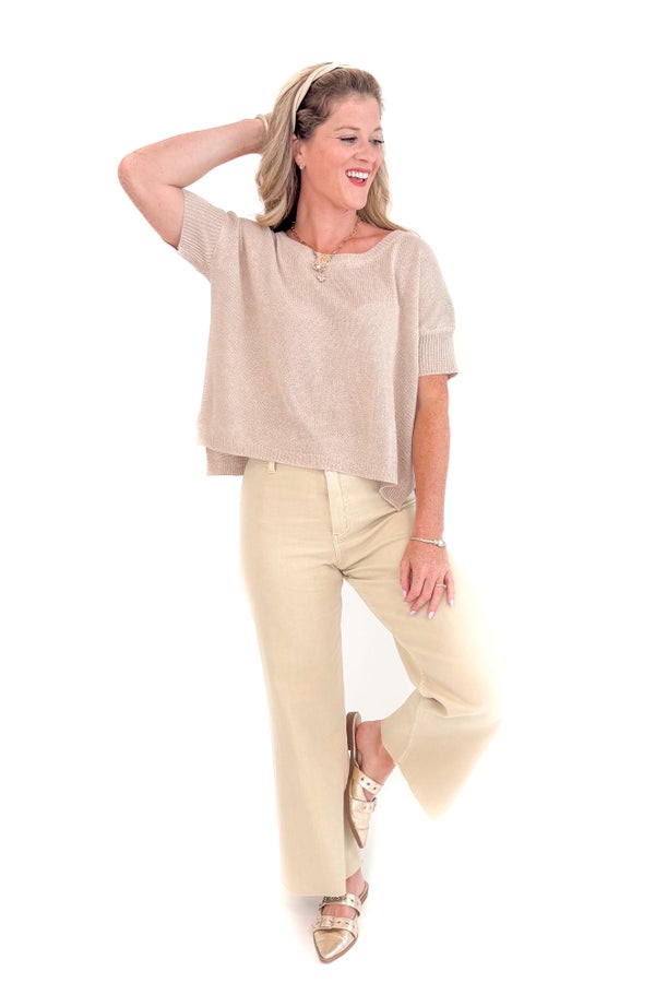 Cup Half Full Taupe Boatneck Short Sleeve Sweater