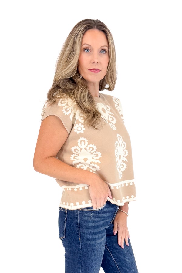 In Full Swing Taupe With Cream Patterned Sleeveless Sweater by Entro