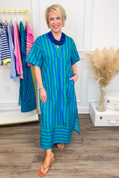 Fun Pending Blue & Green Two Toned Striped Midi Dress by Entro Swagger Boutique Fun Pending Blue & Green Two Toned Striped Midi Dress by Entro Swagger Boutique