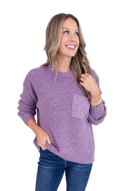 Just Wing It Heathered Purple Knit Sweater With Pocket