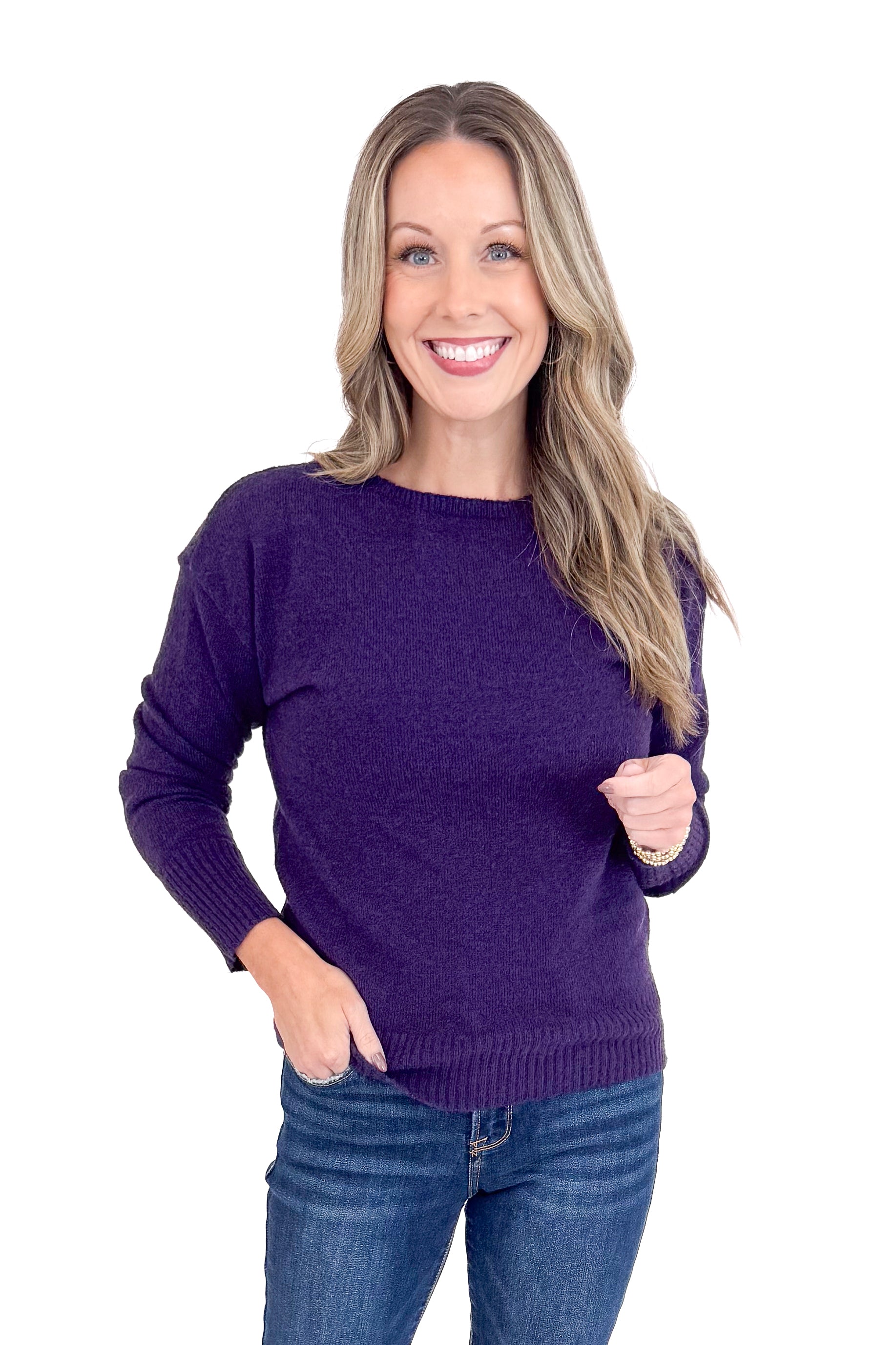 Don’t Wait Up Dark Purple Ribbed Hem Sweater