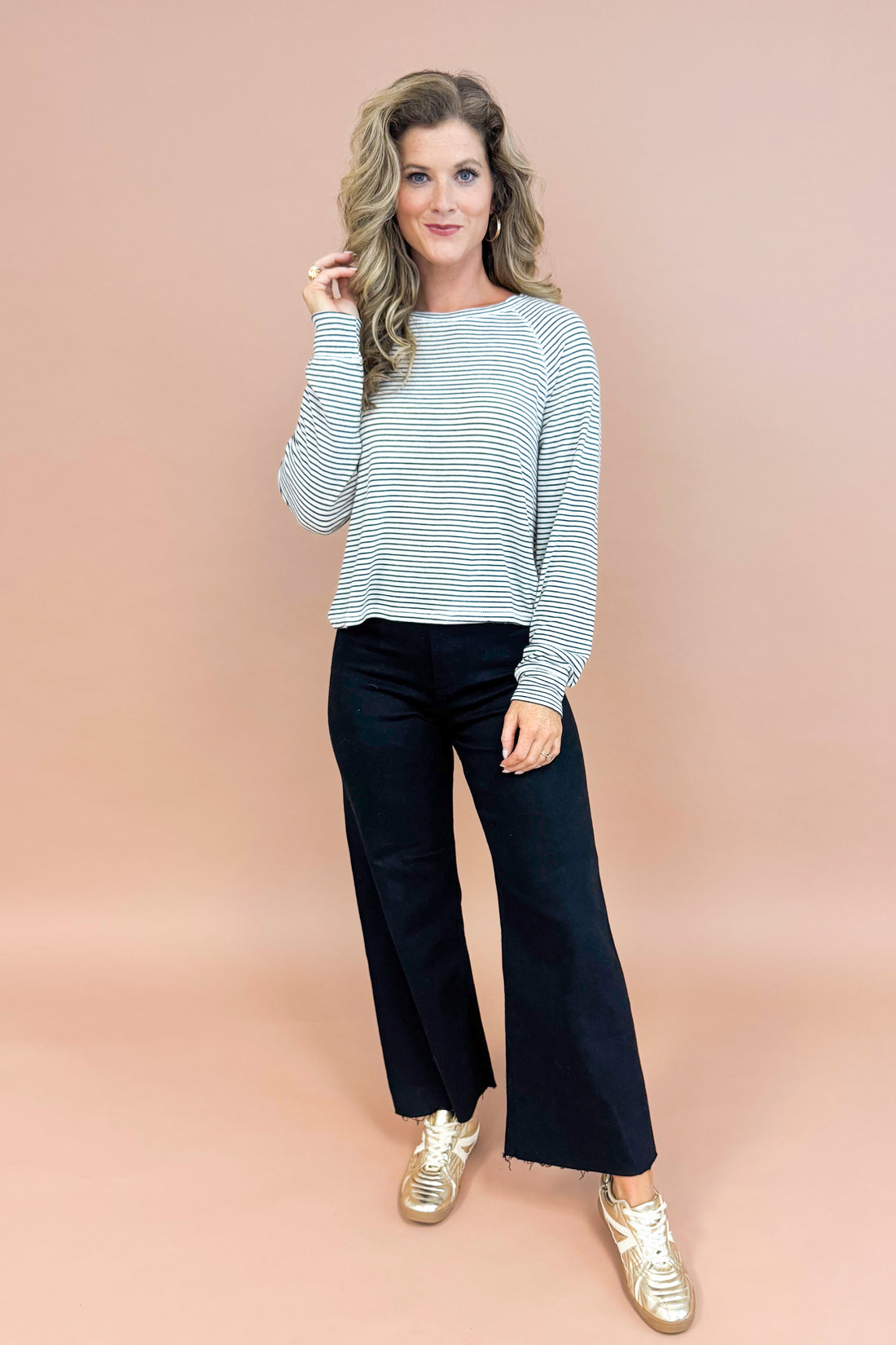 Bright Side navy and white striped sweater - full length model shot