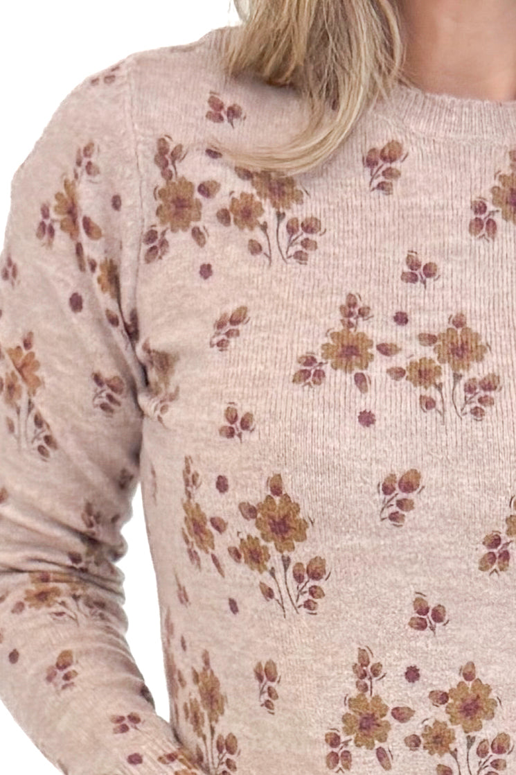 Woman wearing Blush Floral Print Sweater detailed view.