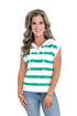 Front view of woman wearing Green Striped Sleeveless Sweater with jeans against white studio background.