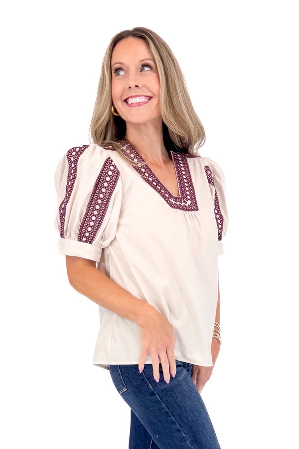 Rise &amp; Shine Ecru With Plum Embroidery Puff Sleeve Top by Entro