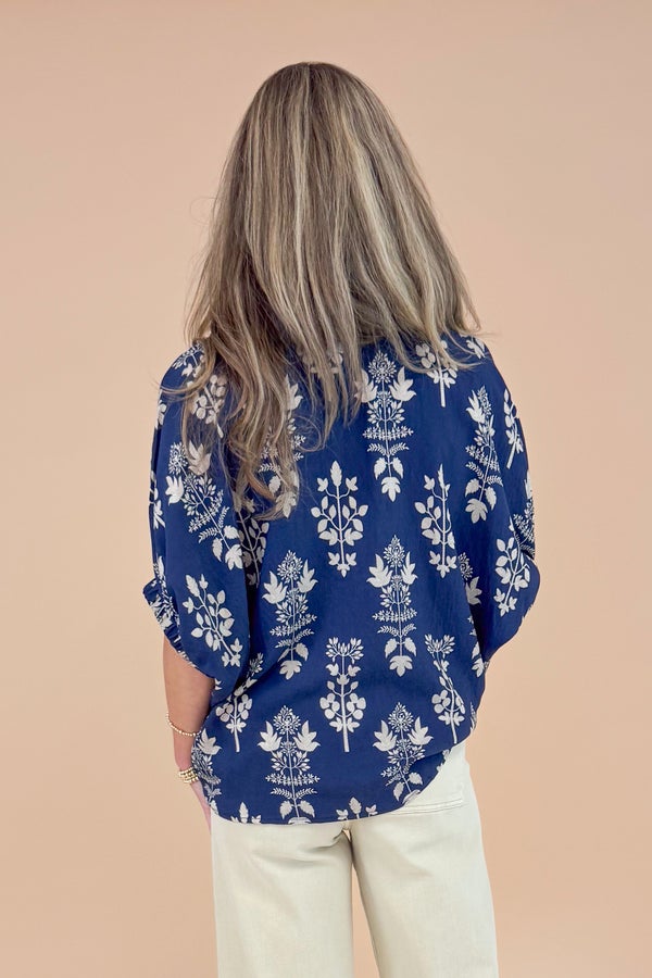 Rake It In Navy Botanical Print With Stripe Detail Top by Entro
