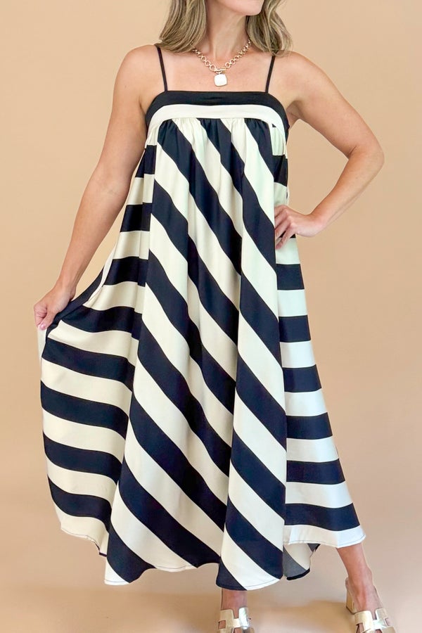 Late Night Talks Cream &amp; Black Bold Striped Midi Dress by TCEC