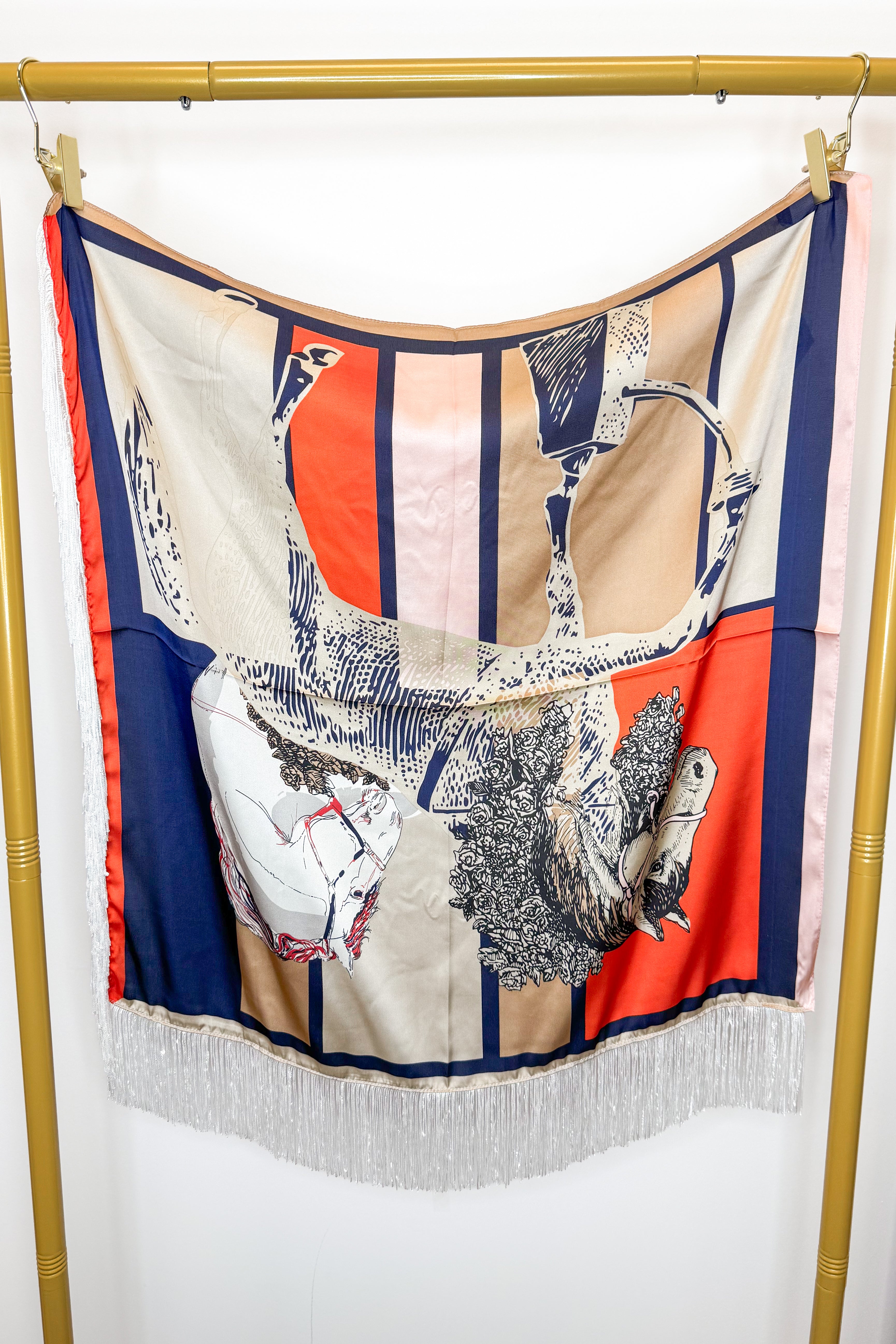 Fringe Detail Horse Figure Square Scarf