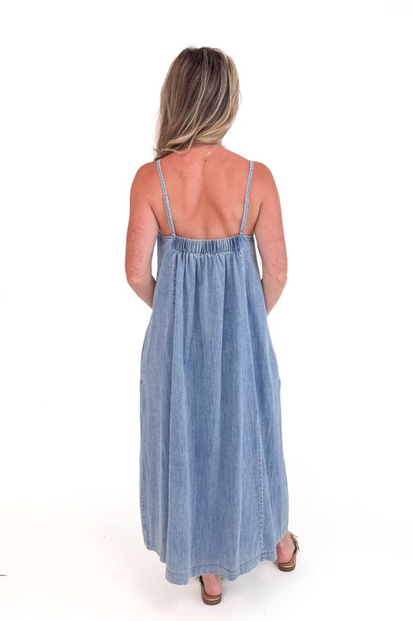 Echo In The Clouds Denim A-Line Maxi Dress