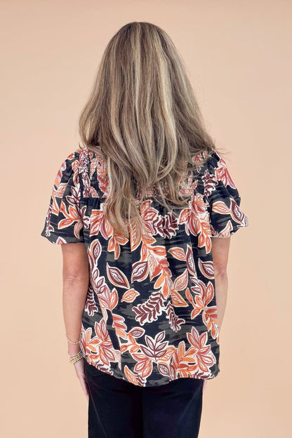 Fast Lane Black Floral Printed Smocked Detail Top by TCEC