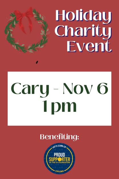 Advertisement for a holiday charity event with a wreath graphic and text on a red background.