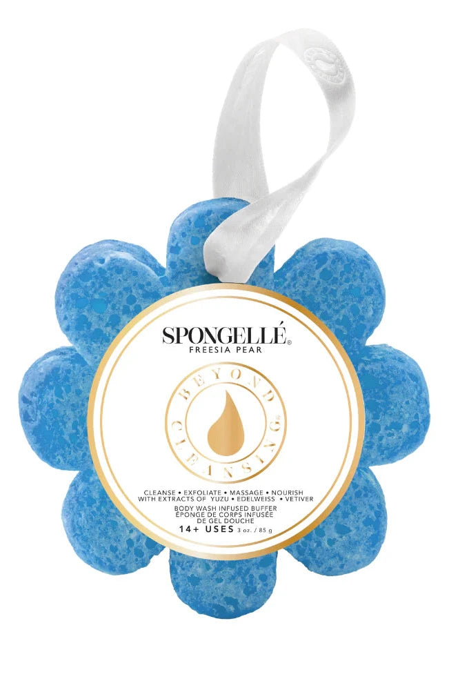 Blue sponge with a label on a white background