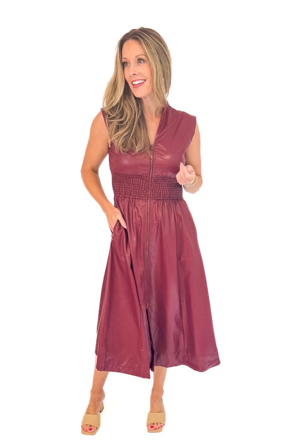 Dream Team Burgundy Faux Leather Zip Up Midi Dress by Entro