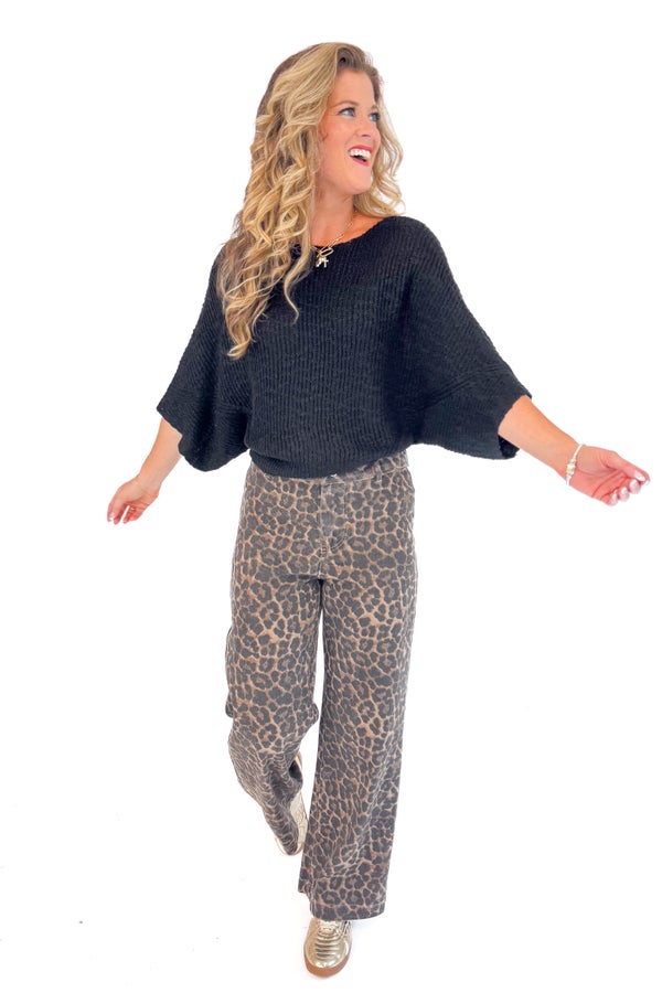 Text The Group Chat Black 3/4 Sleeve Slouchy Sweater
