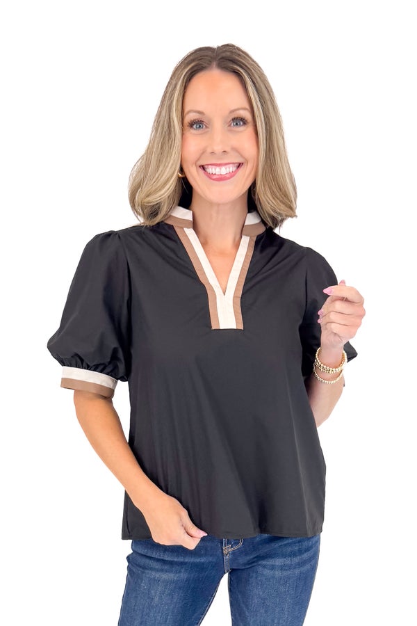 Swept Away Black With Cream &amp; Brown Stripe Detail V-neck Top by Entro