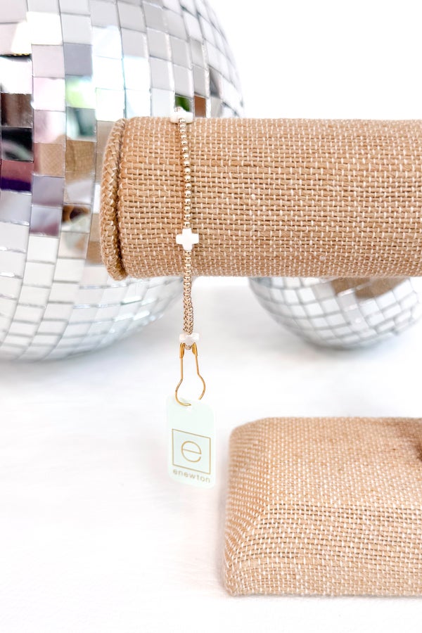 Signature Cross Off White/Gold Pattern 2mm Bead Bracelet by e newton