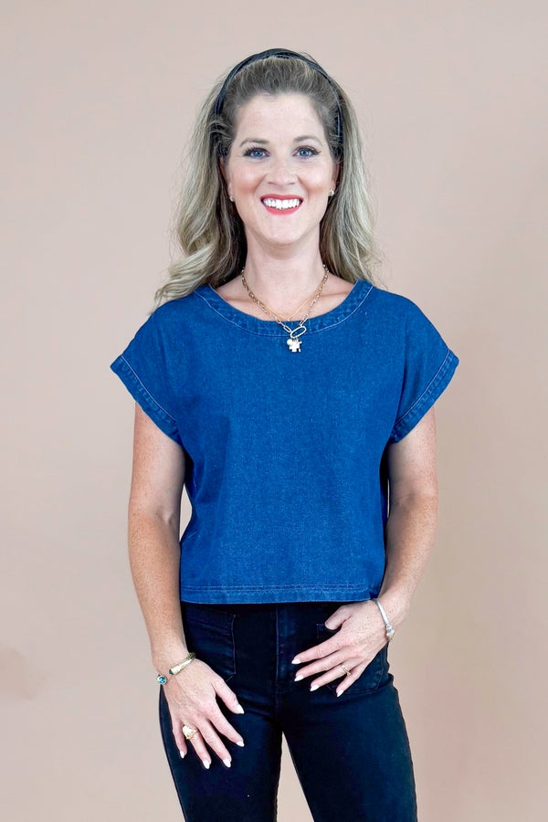 Spill The Beans Denim Button Back Short Sleeve Top by Entro