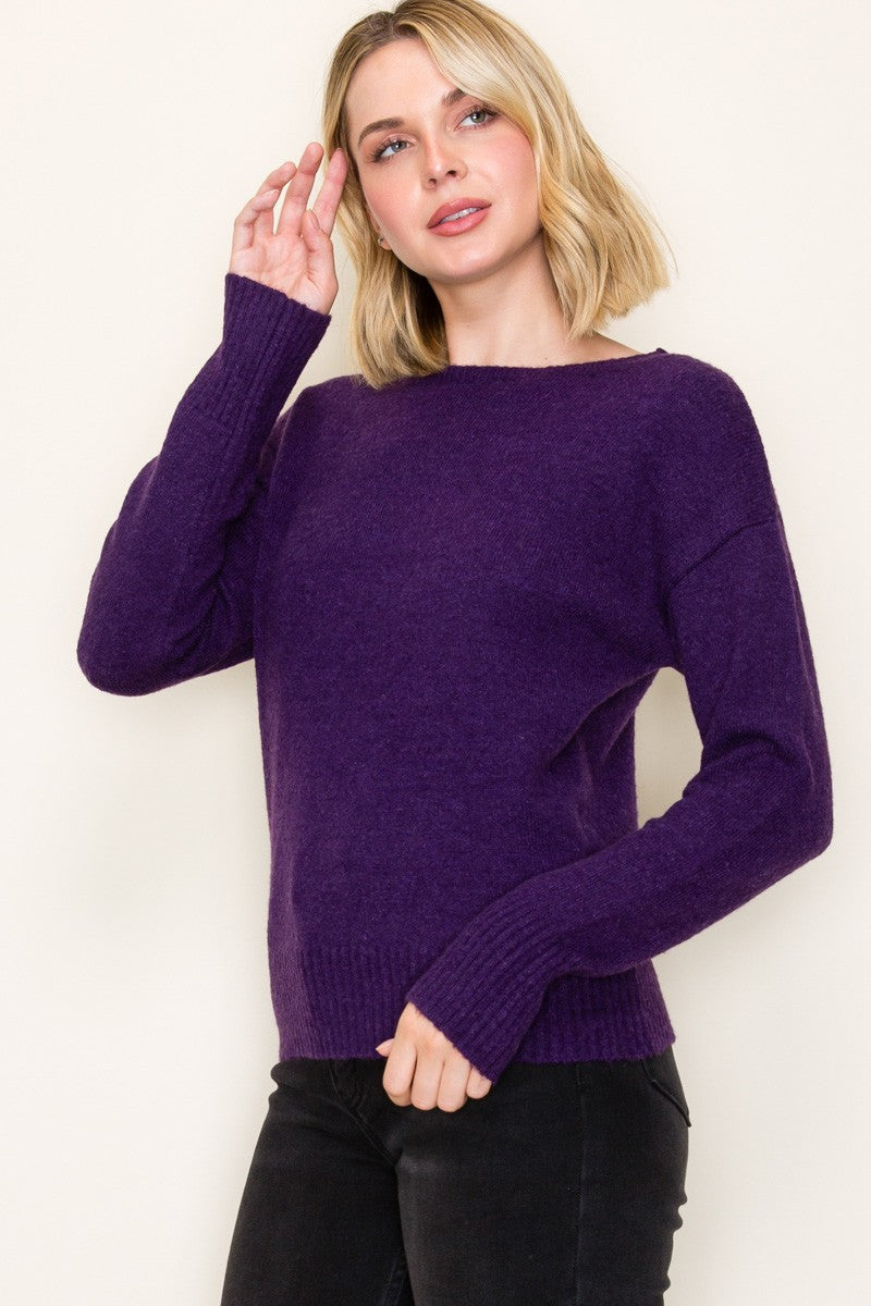 Don’t Wait Up Dark Purple Ribbed Hem Sweater
