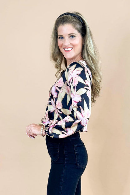 Just My Shade Black Floral Printed Surplice Top