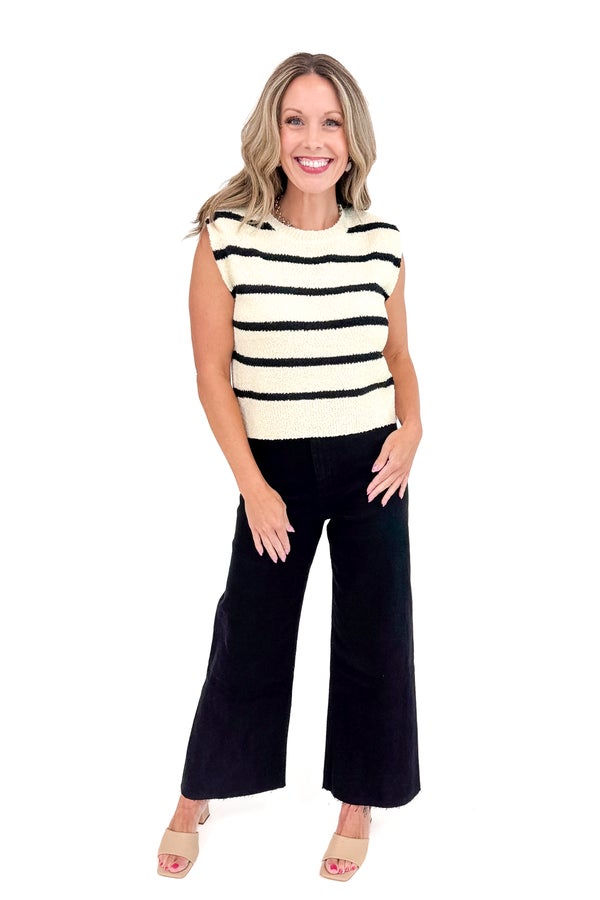 All In Cream &amp; Black Striped Textured Top
