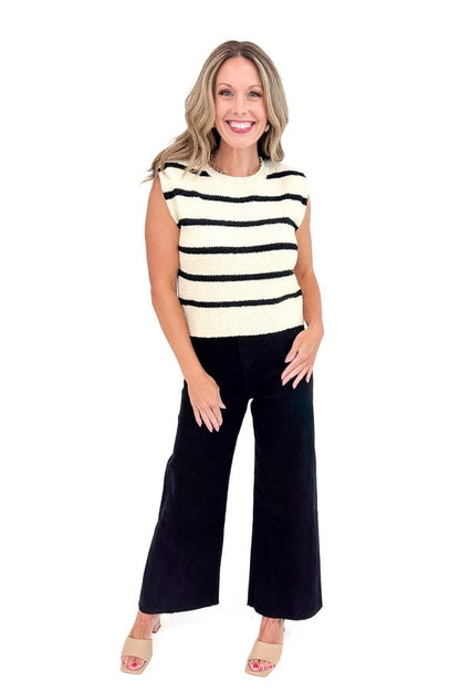 All In Cream &amp; Black Striped Textured Top
