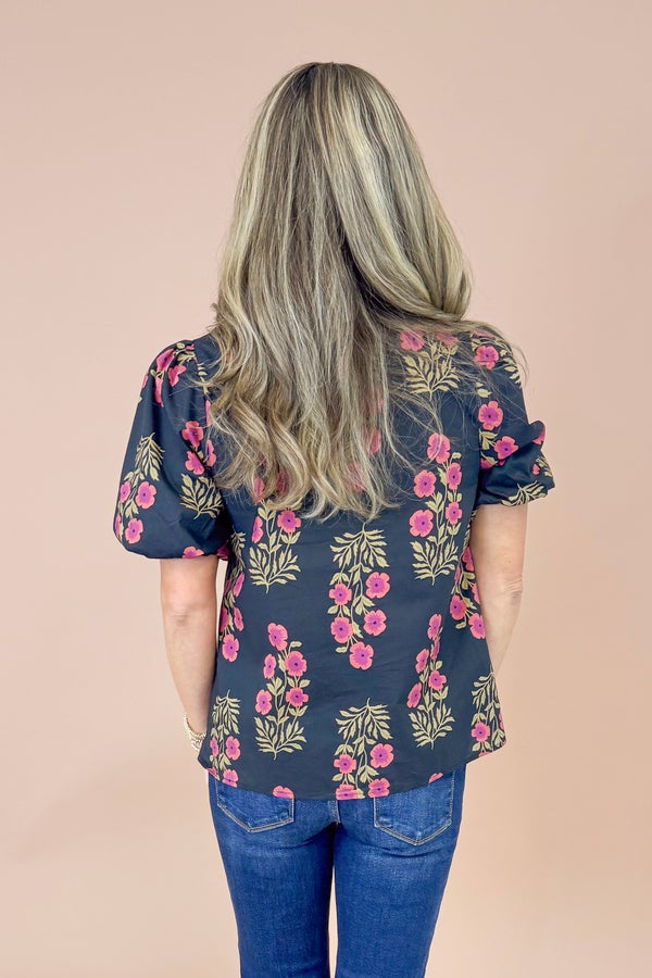 Run The Show Black Floral Print With Olive &amp; Burgundy Lined Top by Entro