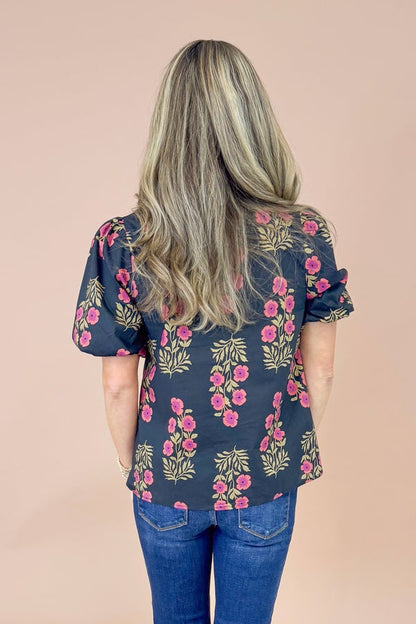 Run The Show Black Floral Print With Olive &amp; Burgundy Lined Top by Entro