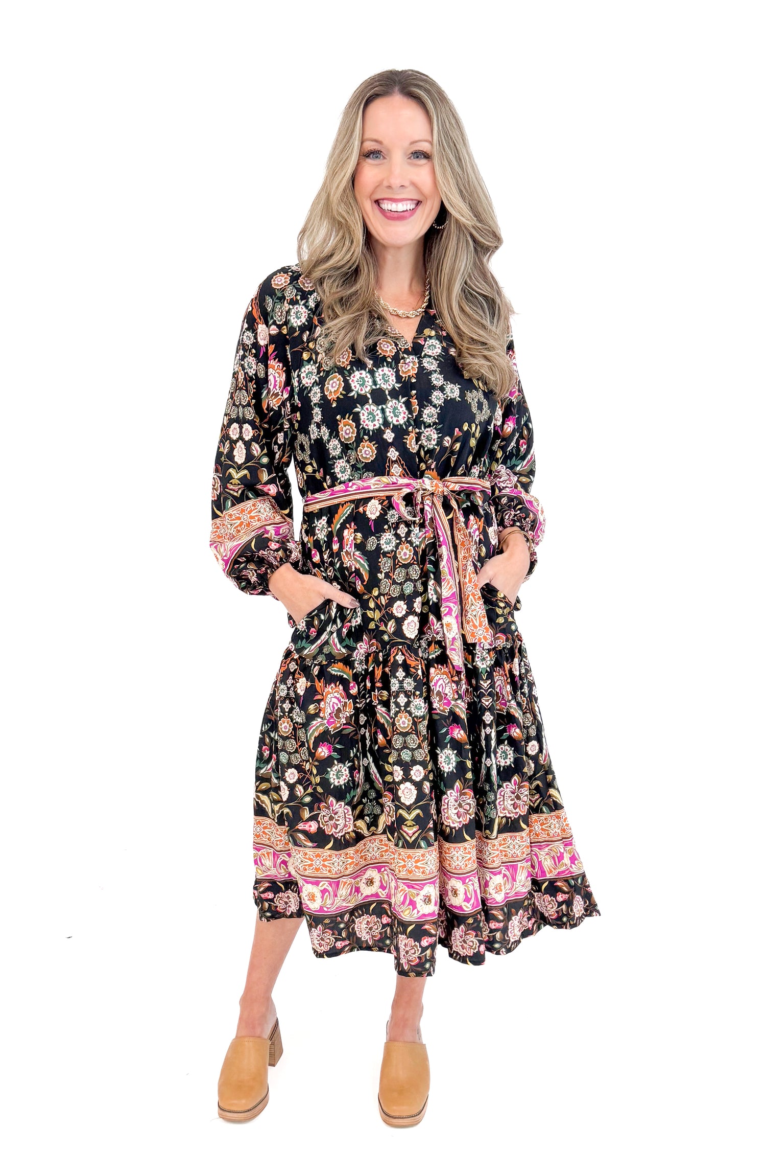 Front view of woman wearing Black &amp; Multi Printed Midi Dress with white studio background.