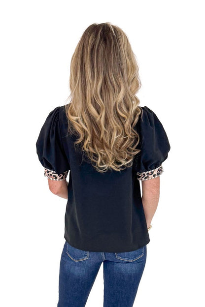 Roam Free Black With Leopard Lining Button Up Top