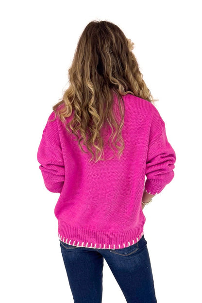 Night Owl Pink With White Stitch Bow Sweater