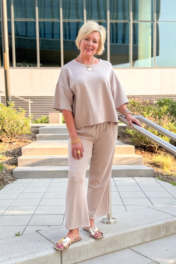 Off The Cuff Taupe Round Neck Short Sleeve Top