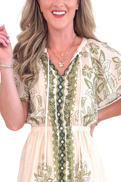 Café In Paris Cream &amp; Olive Printed Button Up Dress by Skies Are Blue