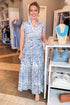 Front view of woman wearing Blue Shell Print Tiered Maxi Dress by PINCH at Swagger Boutique.