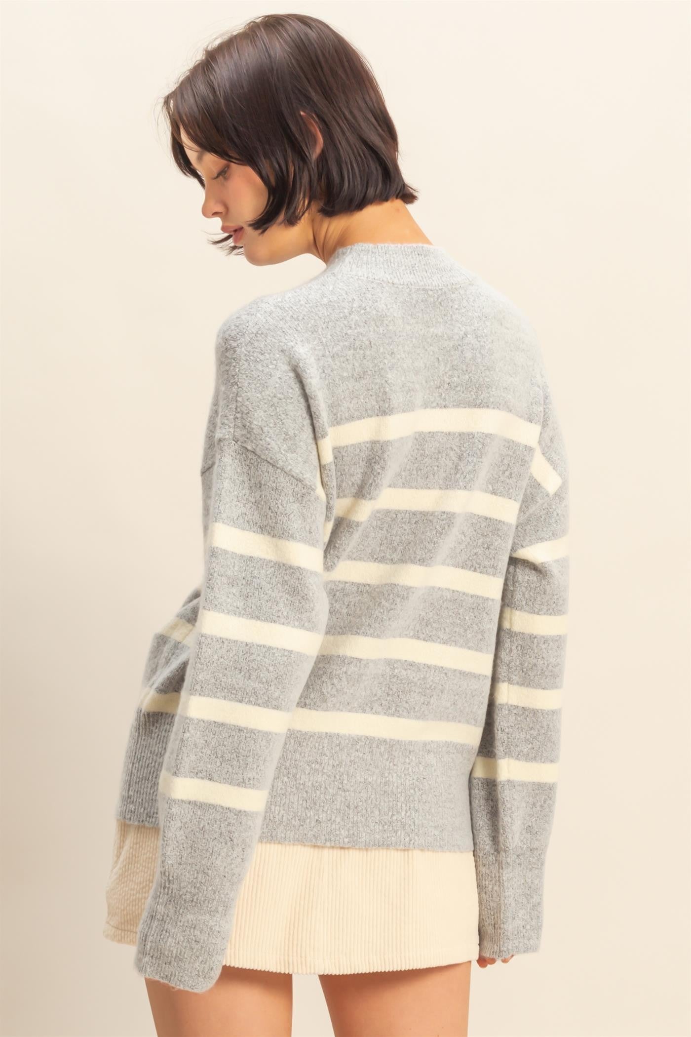 Light As Air Gray &amp; Cream Striped Mock Neck Sweater
