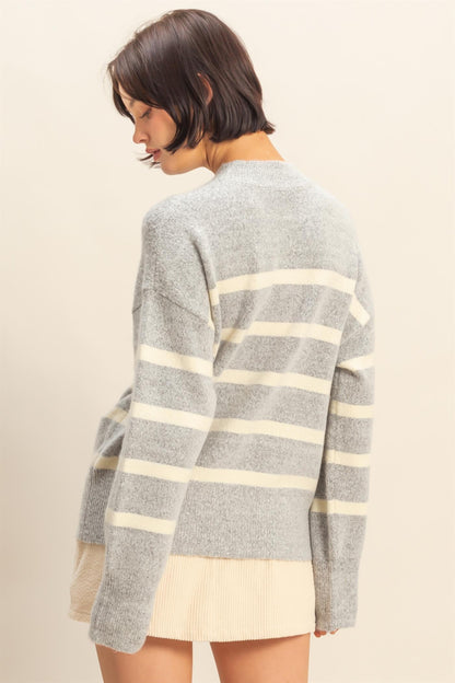 Light As Air Gray &amp; Cream Striped Mock Neck Sweater