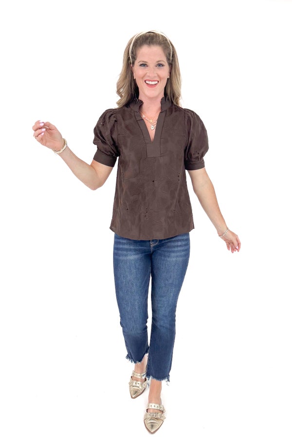 Pourover Perfection Brown Lace Puff Sleeve Top