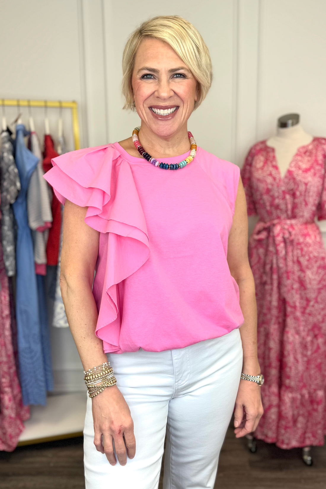 One &amp; Done Pink One Shoulder Ruffle Top