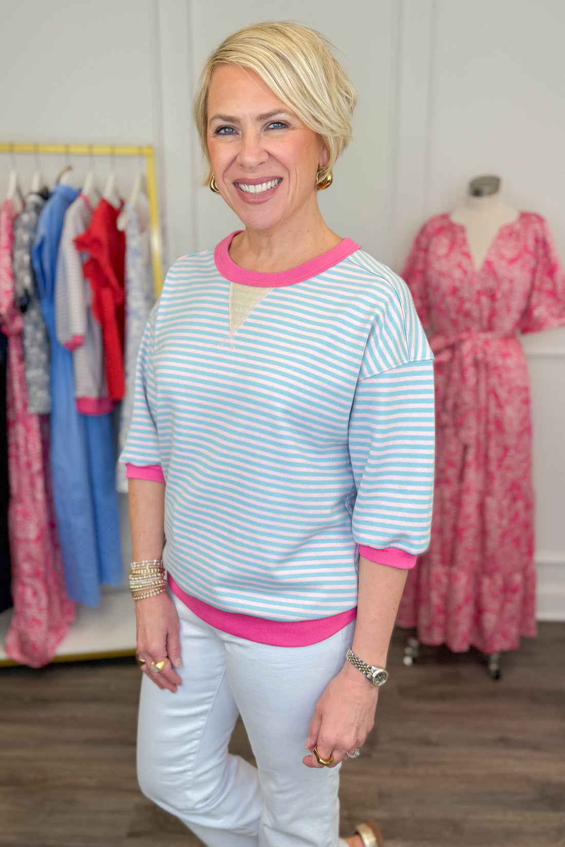 Just Another Daydream Pink &amp; Blue Striped Half Sleeve Sweatshirt