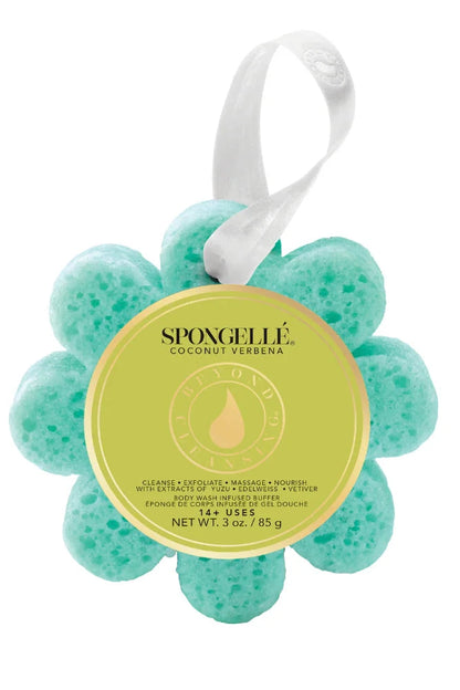 Spongelle bath bomb with a white ribbon on a white background