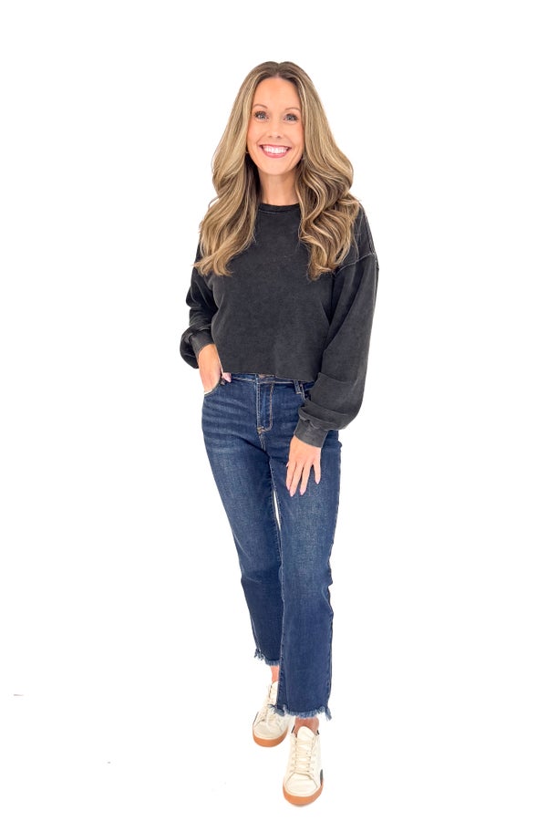 Jump Start Black Cropped Raw Hem Sweatshirt