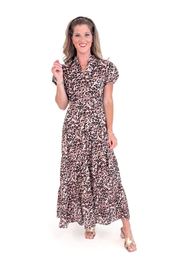 Main Attraction Leopard Tiered Puff Sleeve Maxi Dress