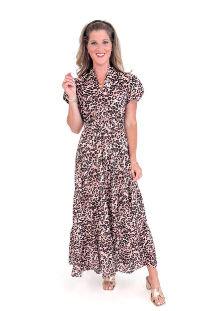 Main Attraction Leopard Tiered Puff Sleeve Maxi Dress