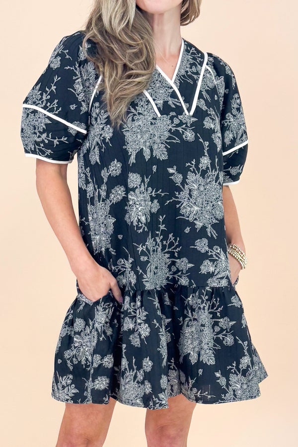 In Full Swing Black Floral V-neck Short Sleeve Dress by Entro